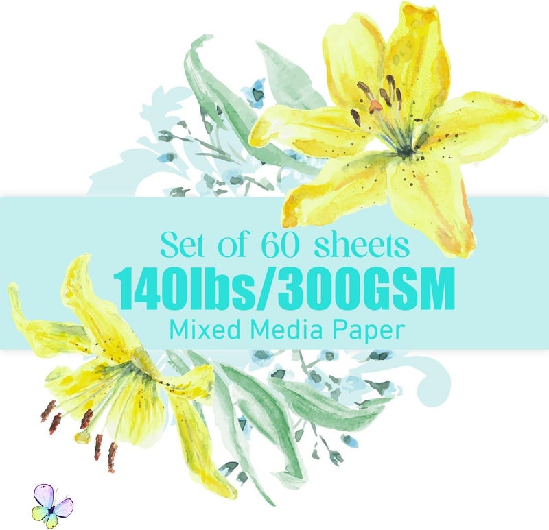 Magecubiku ورق ميديا مختلطة 60 ورقة، 9 × 12 بوصة 140 رطل/300 جرام كثافة ورق قطن ثقيل ناعم/ملمس متوسط الخشونة للفنون المائية، غواش، علامات، رسم، تخطيط - Image 3